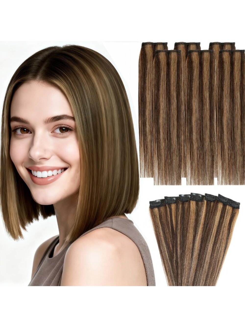 10 Inch Clip-In Human Hair Extensions, Seamless & Invisible, 6 Pcs Set, Straight